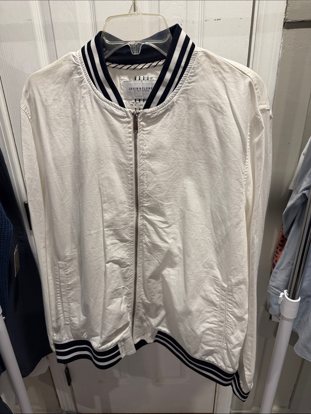 Denim & Flower White Bomber Jacket with Navy Trim